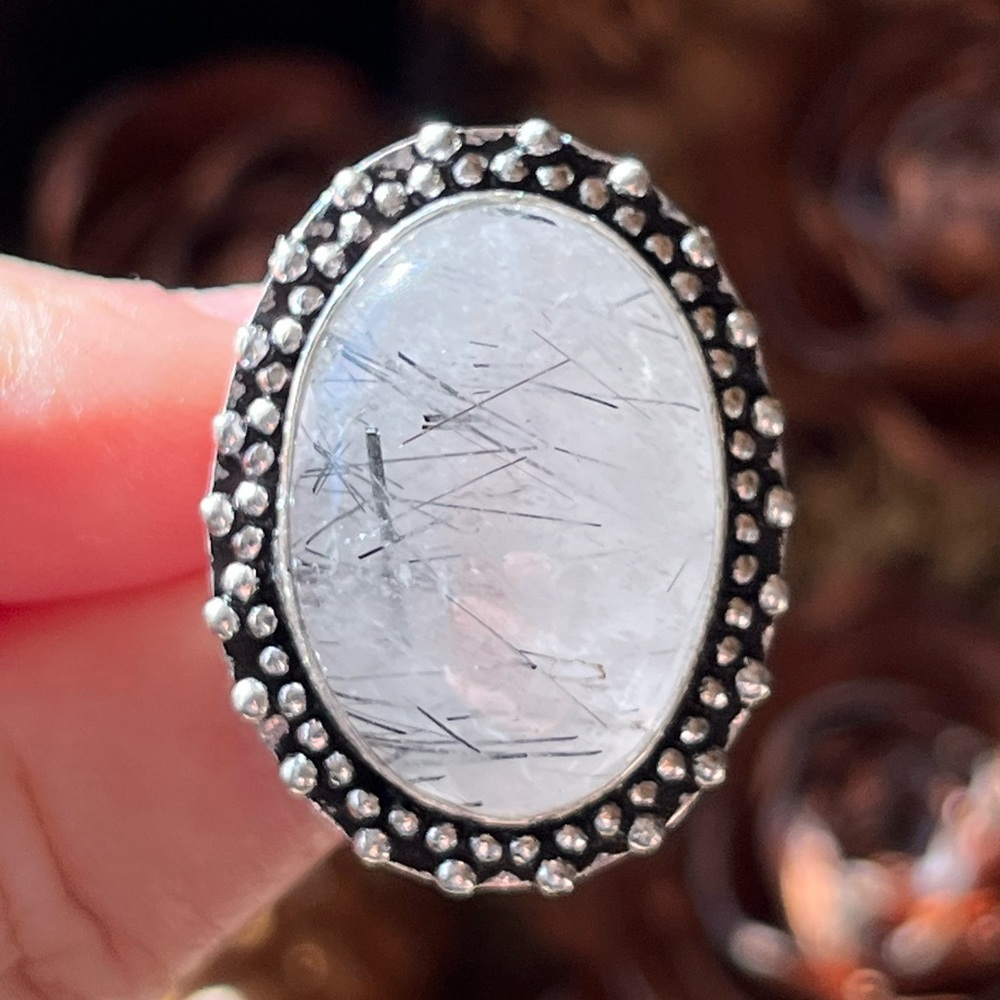 SIZE 6 Silver Plated Black Rutilated Quartz Ring 2408